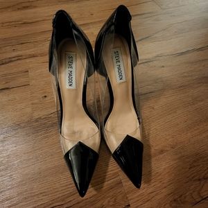 Steve Madden black patent leather and clear heels.